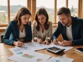 Couple étudiant un projet d'investissement locatif avec une maquette de maison et des graphiques financiers
