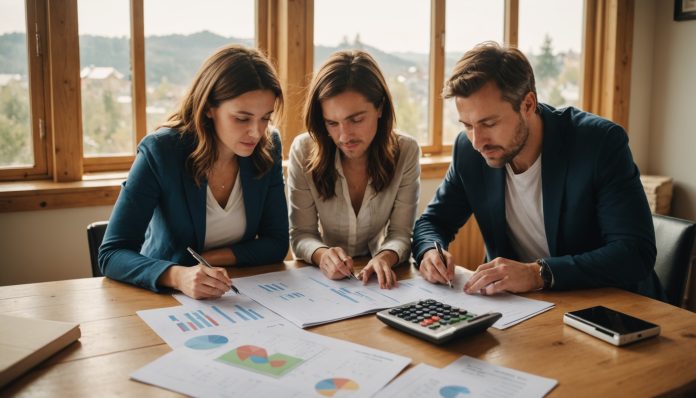 Couple étudiant un projet d'investissement locatif avec une maquette de maison et des graphiques financiers
