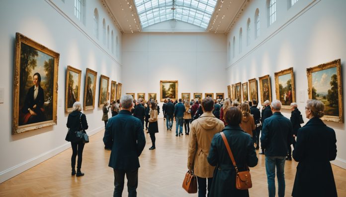 Visiteurs observant des œuvres dans une salle de musée lumineuse