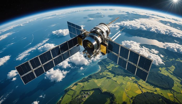 Illustration d'un satellite européen d'observation de la Terre survolant des forêts et des terres agricoles