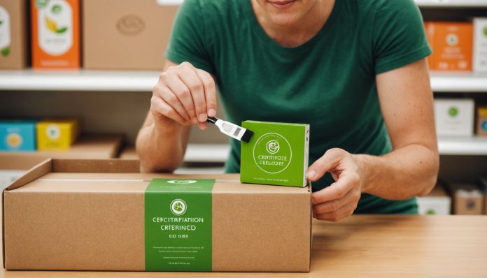 Consommateur examinant un label écologique certifié sur un produit