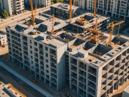 Construction neuve : les chantiers accélèrent malgré le recul des permis Vue aérienne d'un chantier de construction de logements collectifs avec grues en France