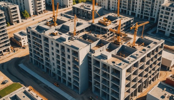 Vue aérienne d'un chantier de construction de logements collectifs avec grues en France