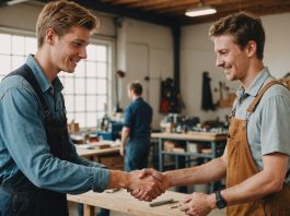 Contrat d’apprentissage : la fenêtre pour signer se resserre, ce qu’il faut savoir Jeune apprenti en tenue de travail serrant la main d'un artisan dans un atelier