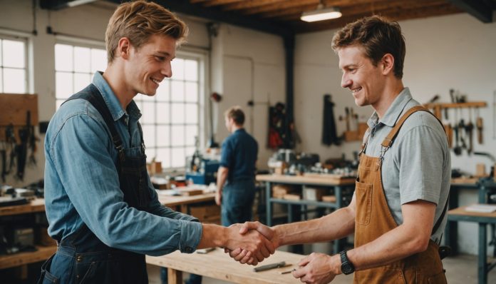 Jeune apprenti en tenue de travail serrant la main d'un artisan dans un atelier