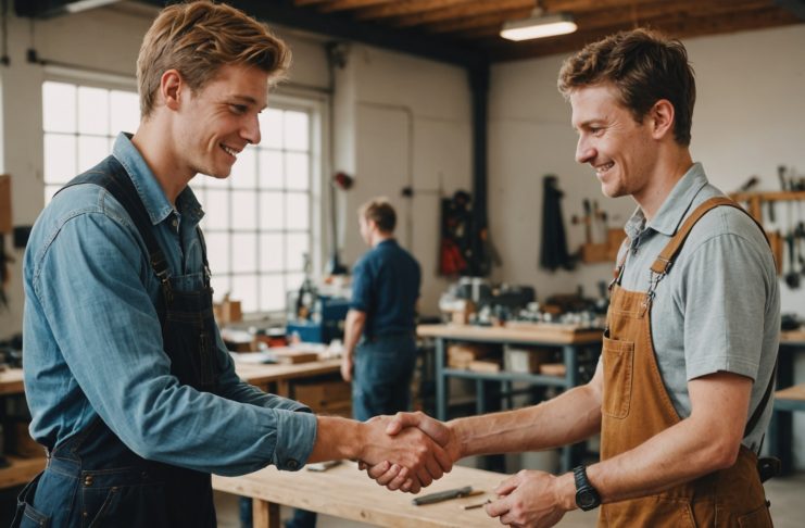 Jeune apprenti en tenue de travail serrant la main d'un artisan dans un atelier