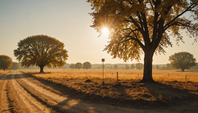 Illustration d'une vague de chaleur inhabituelle en France en octobre, paysage automnal sous forte chaleur