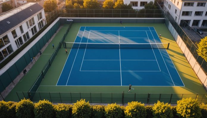 Court de padel vitré en pleine partie, illustration générée par IA