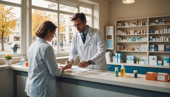 Illustration d'un pharmacien réalisant une vaccination contre la grippe en officine