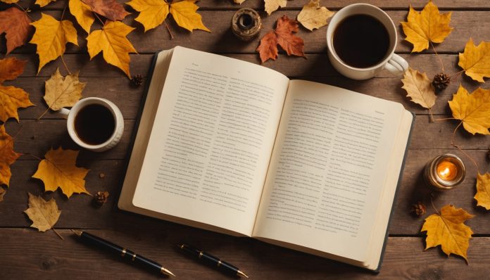 Illustration générée par IA de livres, d'un stylo plume et de feuilles d'automne sur un bureau