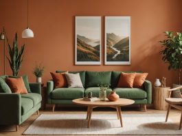 Salon moderne aux teintes terracotta et bois naturel, illustration des tendances fast-déco