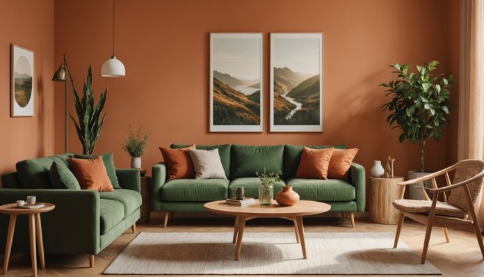 Salon moderne aux teintes terracotta et bois naturel, illustration des tendances fast-déco