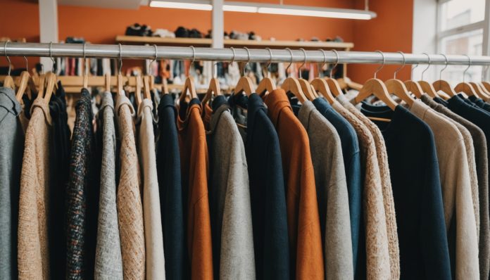 Rack de vêtements pliés et suspendus dans une boutique de seconde main, lumière naturelle