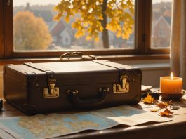 Valise et carte de voyage sur une table en bois à la lumière dorée de l'automne