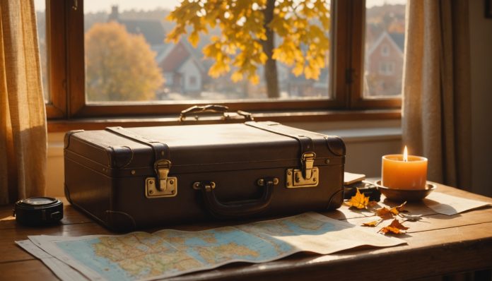 Valise et carte de voyage sur une table en bois à la lumière dorée de l'automne