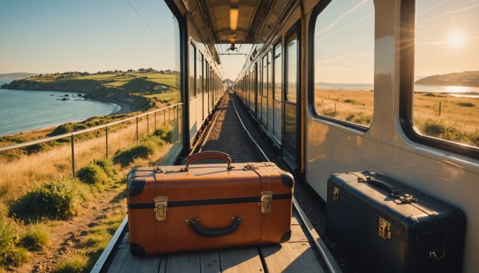 Illustration d'un voyage pas cher : valise, train et bord de mer au coucher du soleil