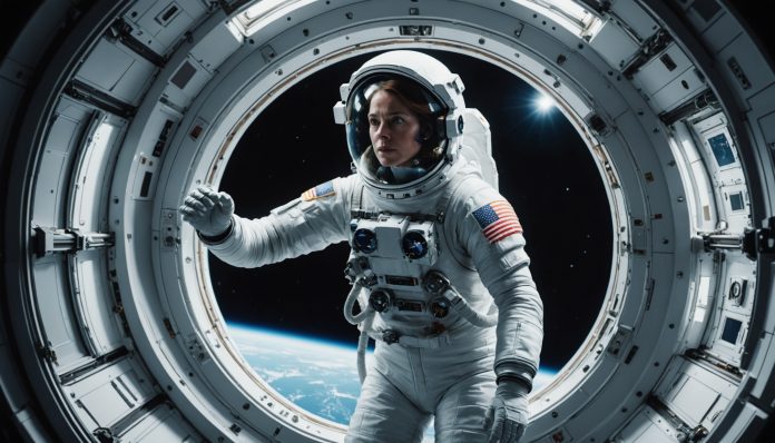 Illustration générée par IA d'une astronaute flottant dans un module de station spatiale avec la Terre en arrière-plan